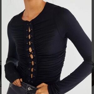 Free People Bella Lace Up Black Ruched Top Size Small